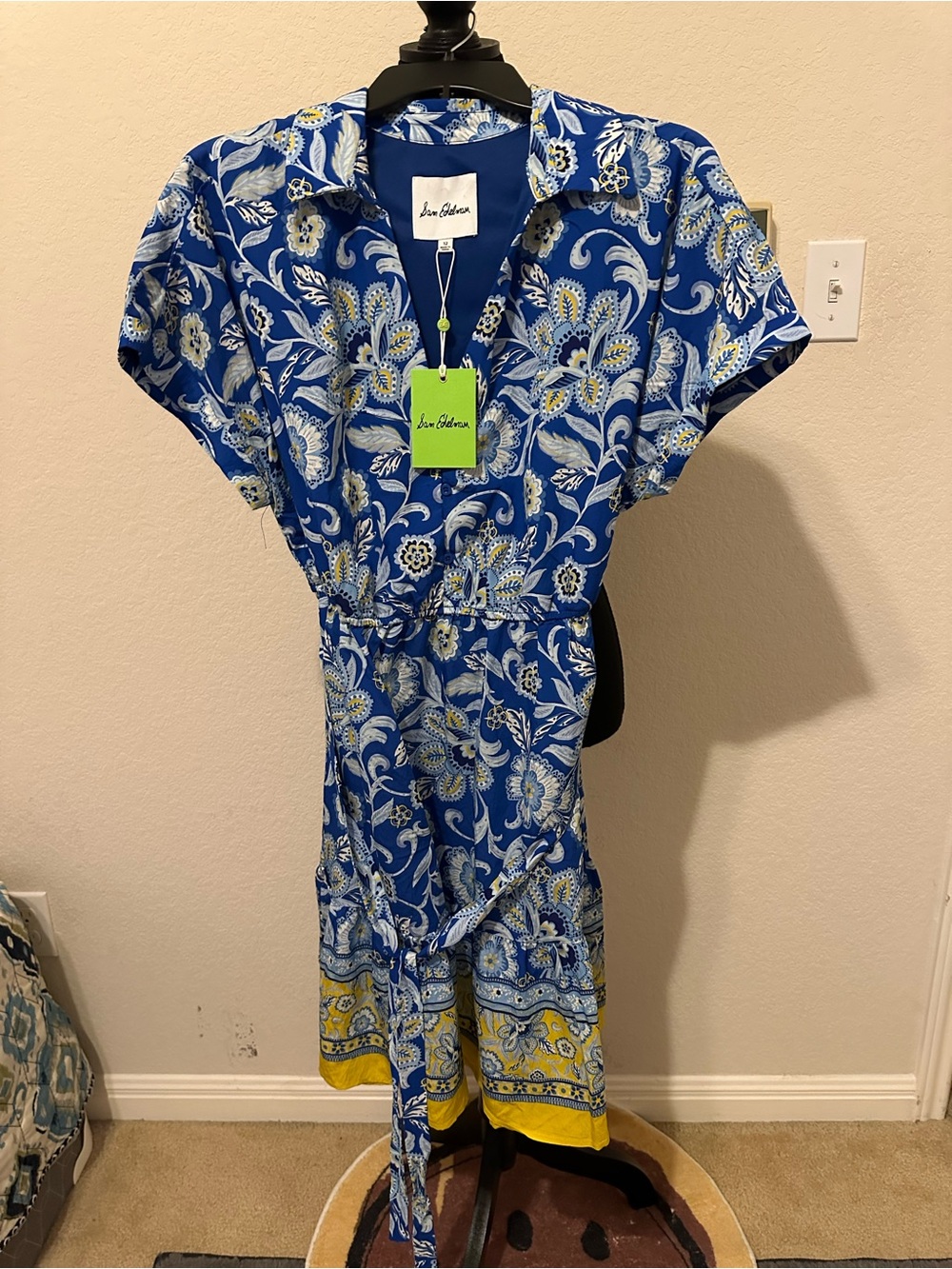 Sam Edelman Blue Floral Short Dress with Yellow Trim. Size 12. NWT